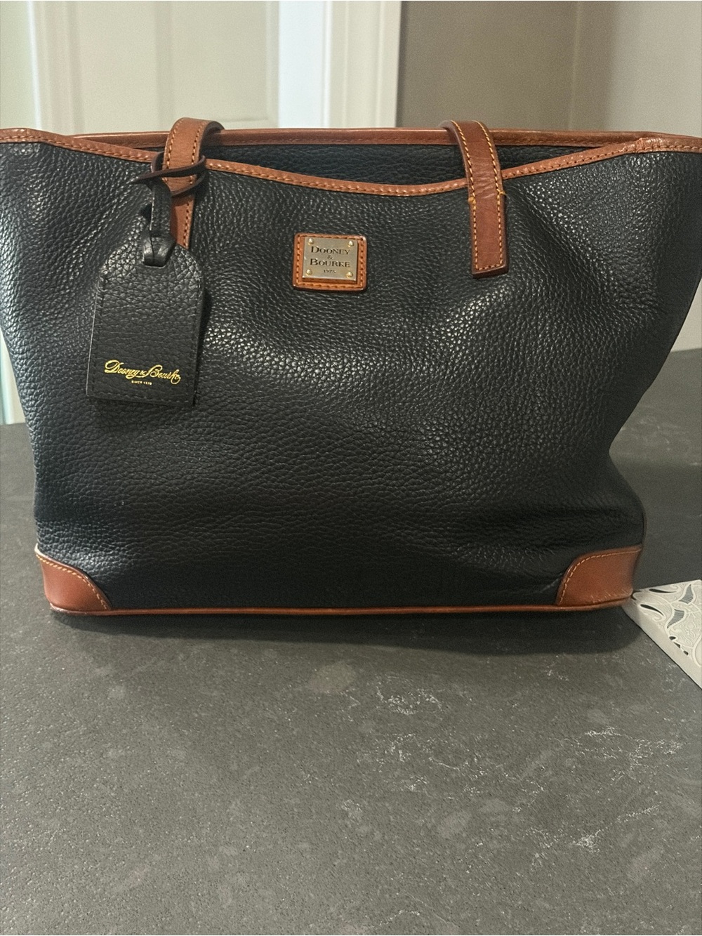 Dooney & Bourke Black Pebbled Charleston Leather Tote with Brown Trim